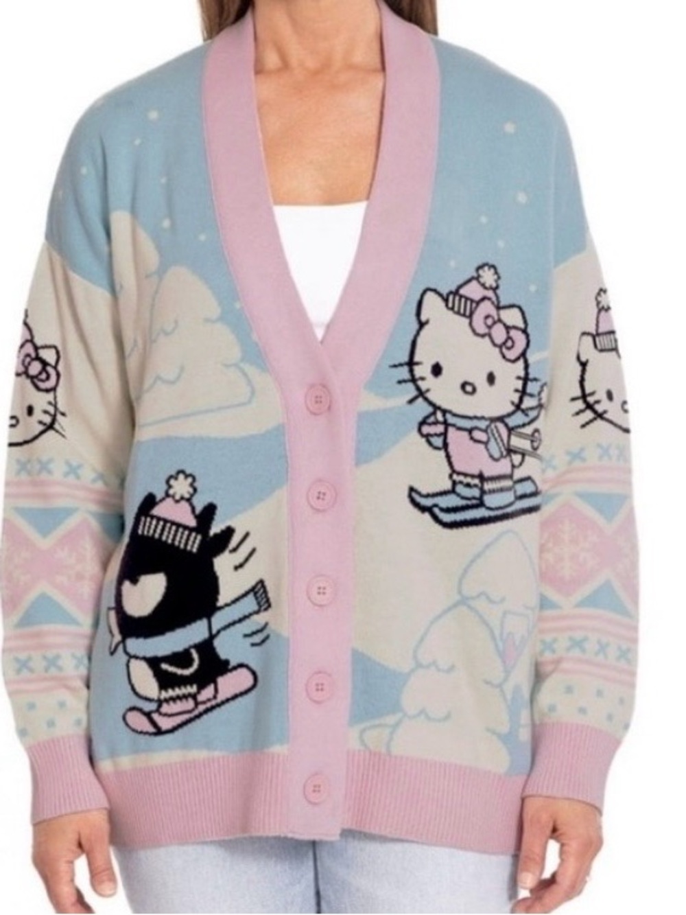 Hello Kitty Pastel Blue & Pink Winter Character Cardigan, NWT, size medium - Picture 2 of 5